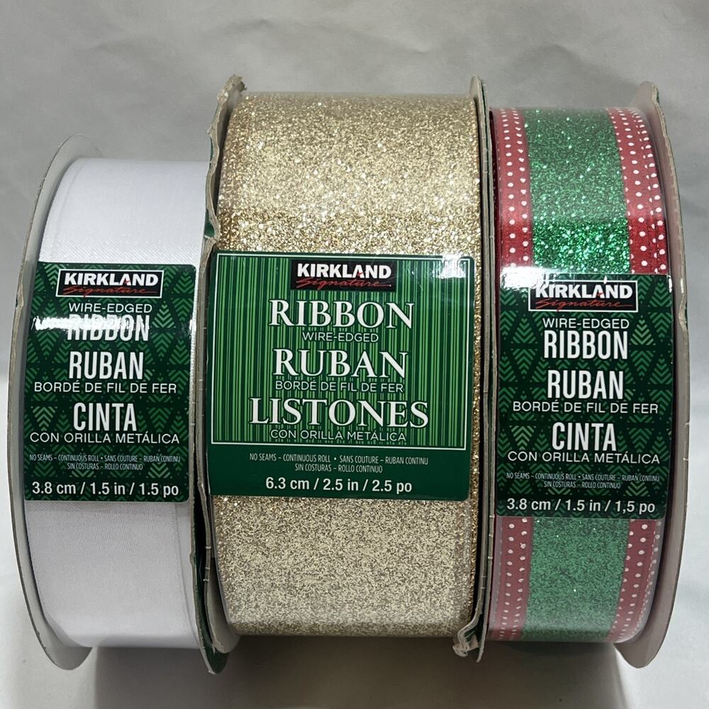 Lot of 3 Kirkland Costco Wired Ribbon Christmas Gold Red Green Pearl White